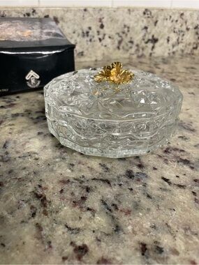 Fidalco Italy vintage glass trinket dish features cut pattern Gold Rose
